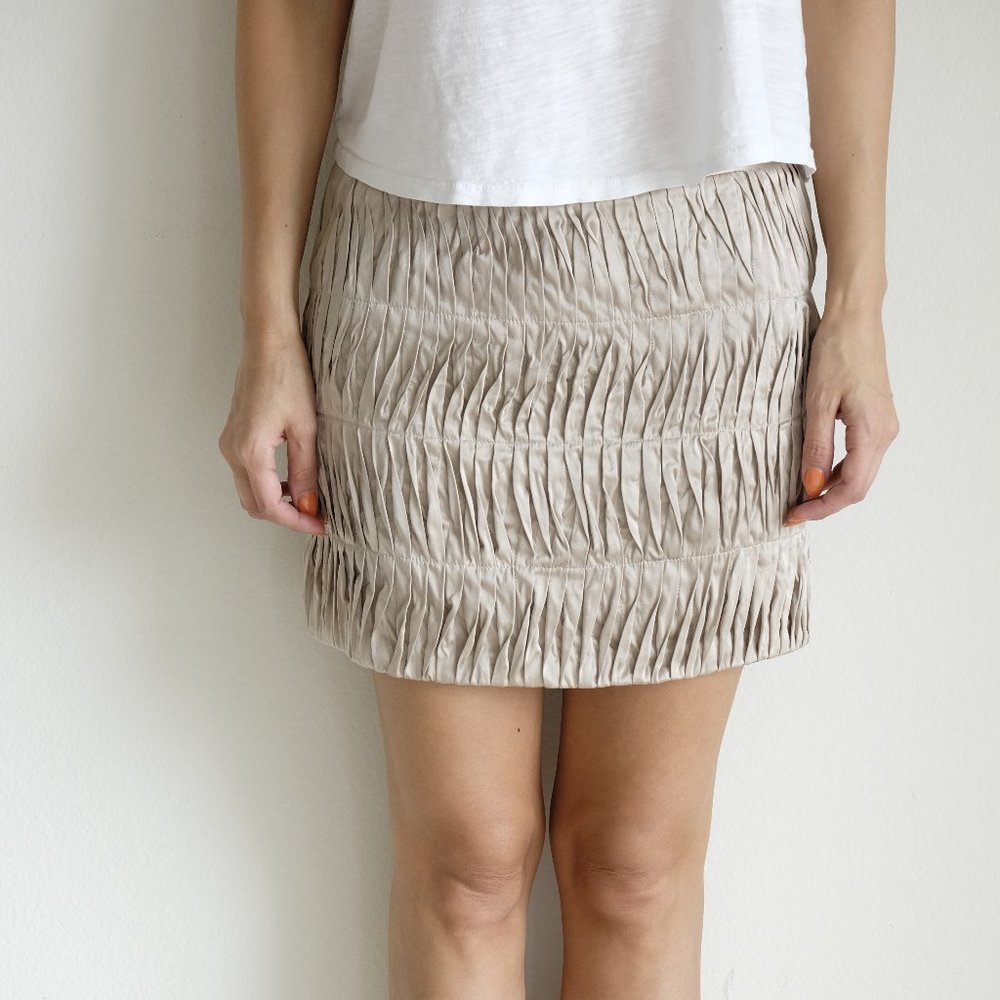 Kay Park Silk Pleated Mini Skirt, M, Beige/Tan